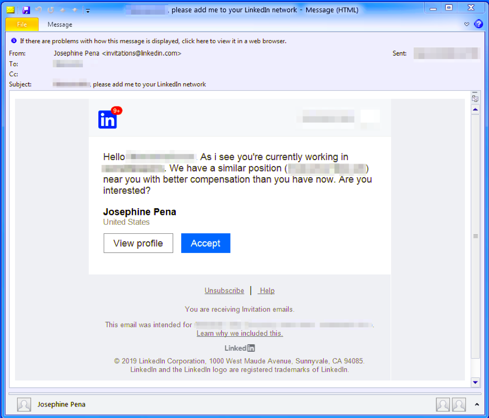 Initial message in which attackers abuse LinkedIn messaging