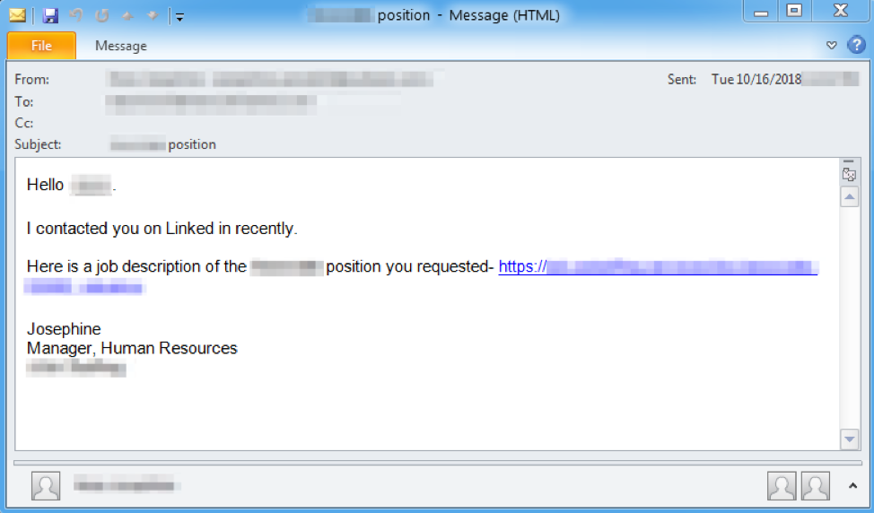 Follow up email to target’s work address, with malicious URL
