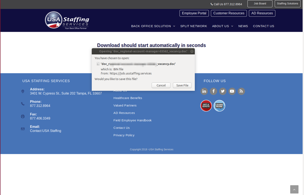Page for email URL using stolen branding and lookalike domain for talent agency