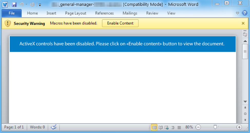 Malicious Microsoft Word document that uses macros to download More_eggs