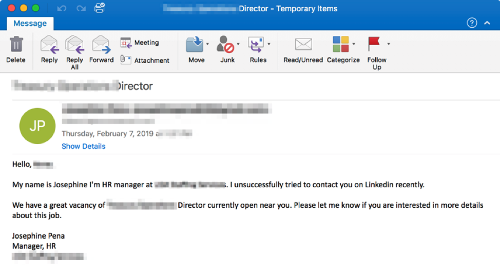 Benign email designed to establish rapport with potential victims