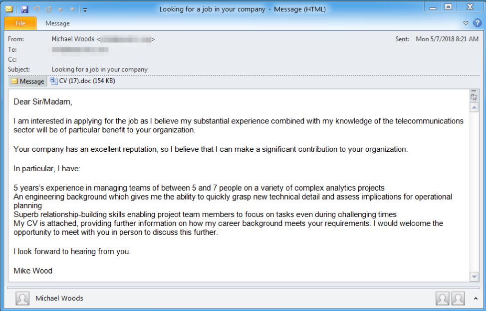 Message purporting to include resume/CV delivering AdvisorsBot