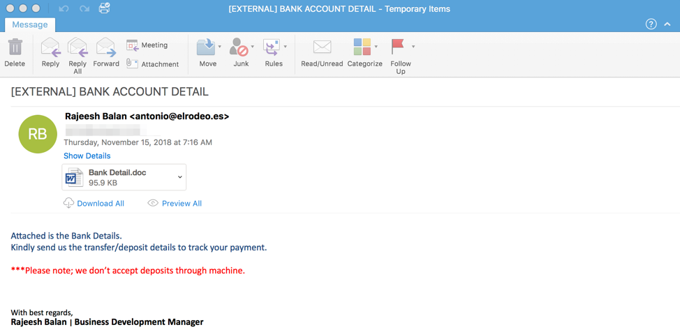 Email message from November 15 “downloader” campaign