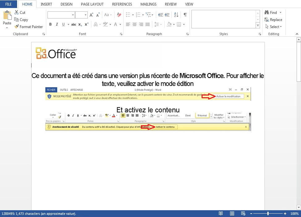 French-language Gootkit lure document with embedded macros