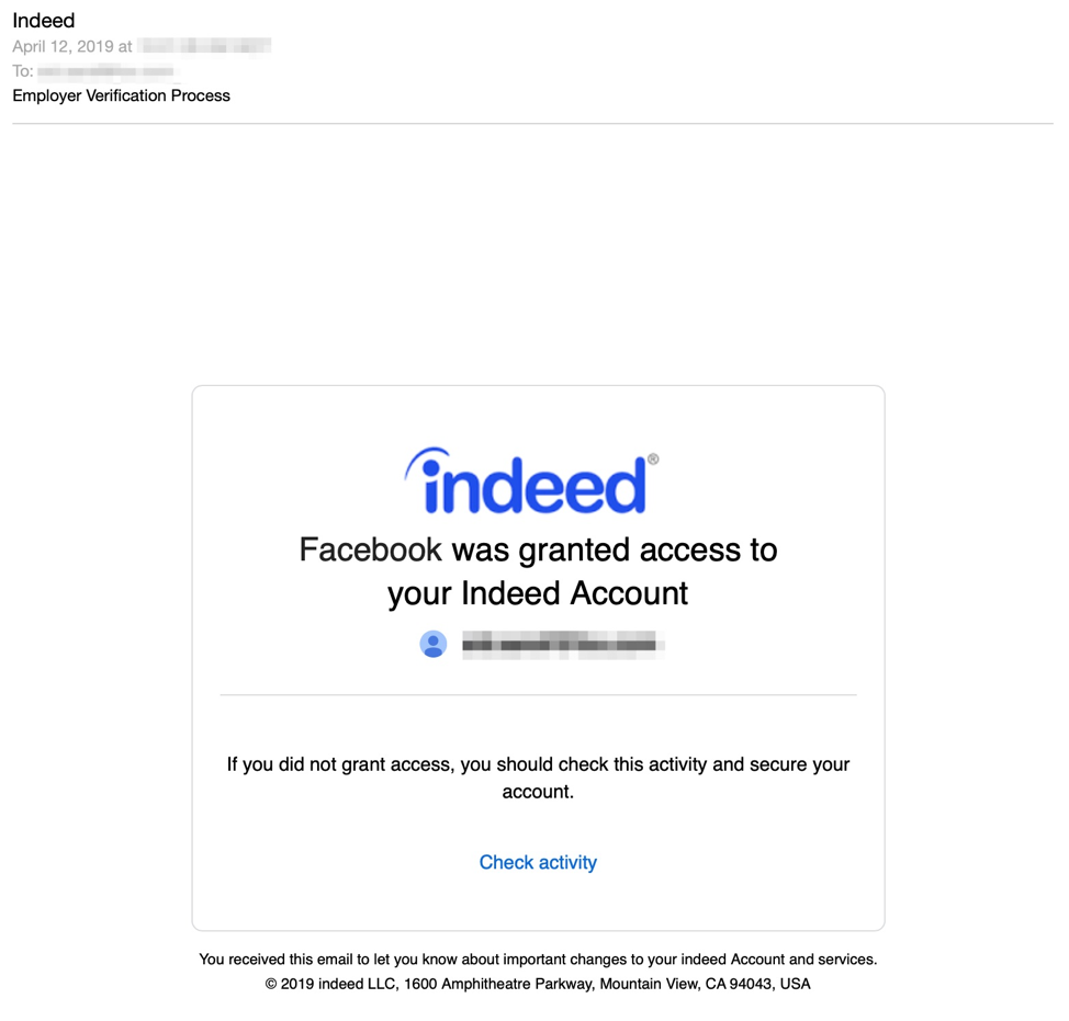 Email lure featuring stolen branding for Indeed.com