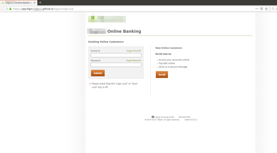 Phishing landing page using stolen brand graphics from retail bank