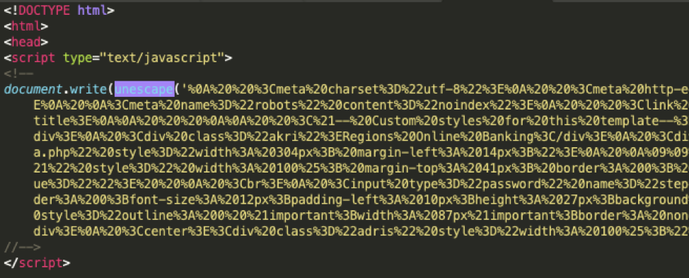 Obfuscated source code in app-l0gin-<bankname> [.] github [.] io