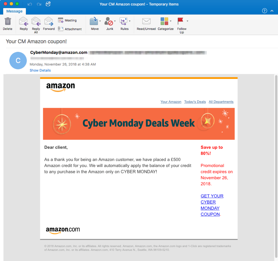 Cyber Monday-themed Emotet lure using stolen Amazon branding