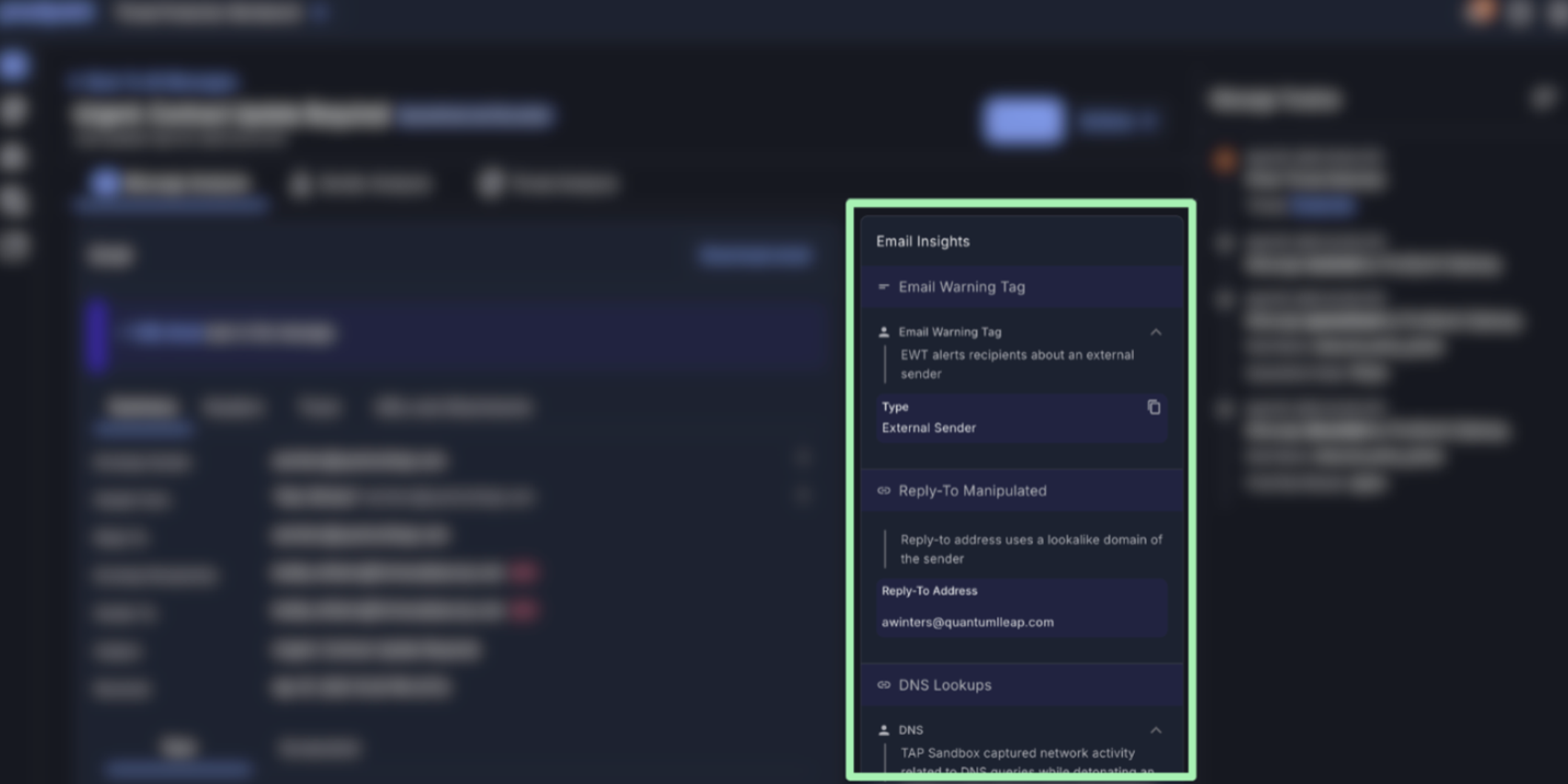 Klare und leicht verständliche Zusammenfassung einer Bedrohung in Proofpoint Threat Protection Workbench, generiert durch die Nexus Generative AI.