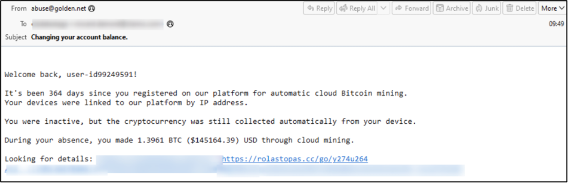 Leurre de phishing par email prétendant que le destinataire a accumulé un solde de bitcoins considérable