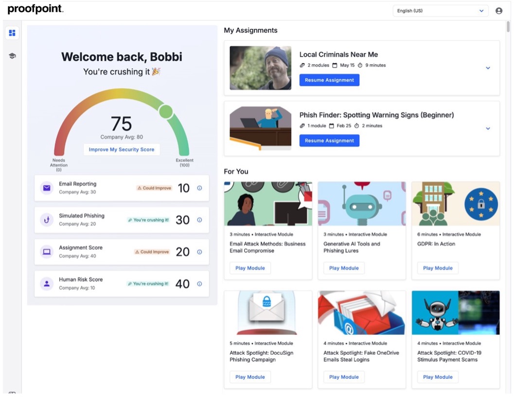 Personalisiertes Proofpoint Learner Dashboard.