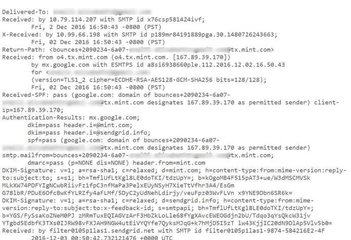 Ejemplo de encabezado de email técnico oculto, con registro de SPF.