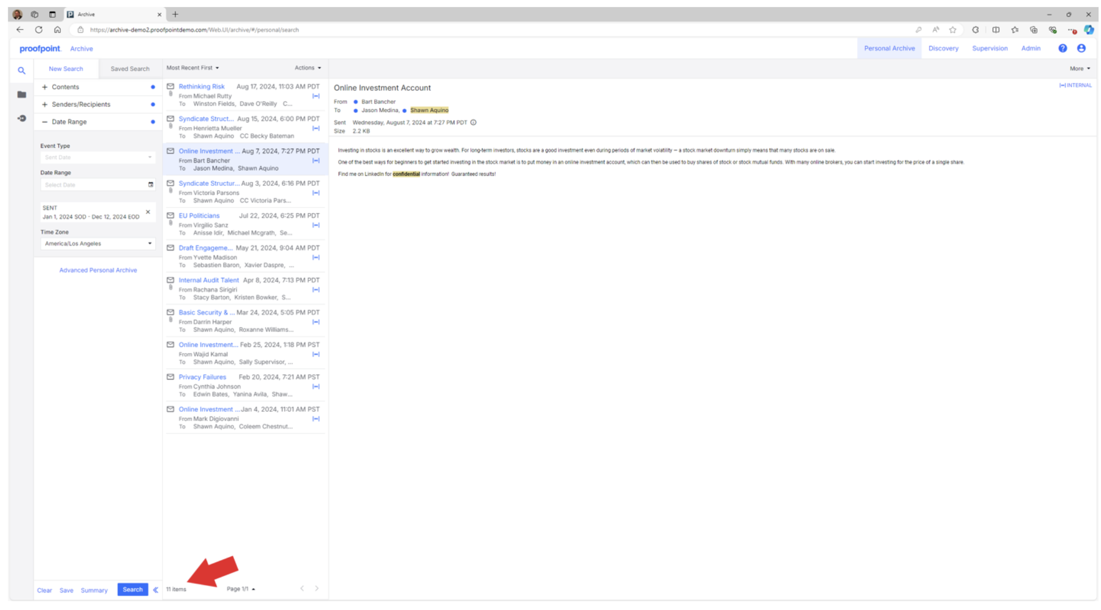 Reducing search results further by adding recipient and date range criteria.