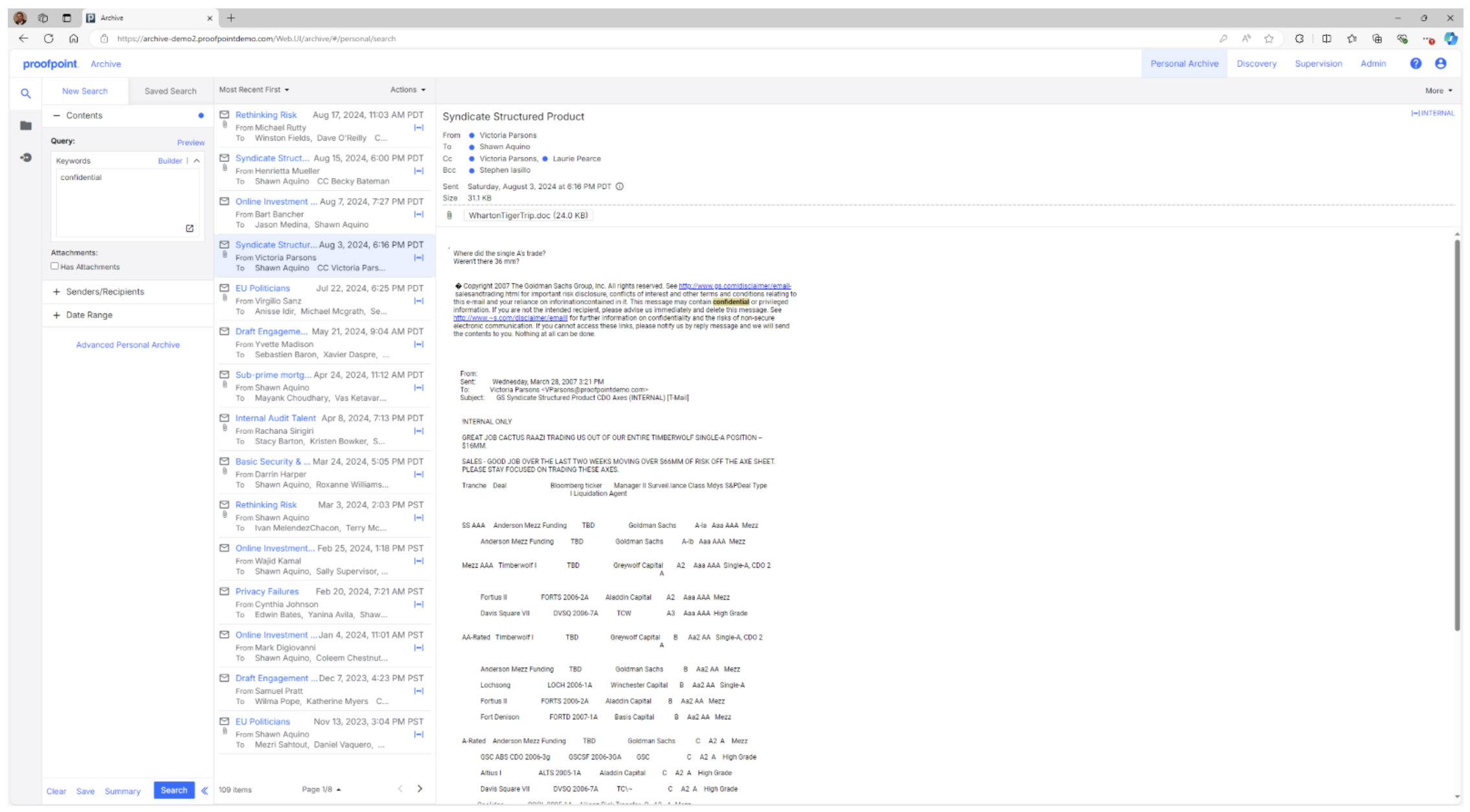 Adding a keyword to cull search results in the Personal Archive demo.