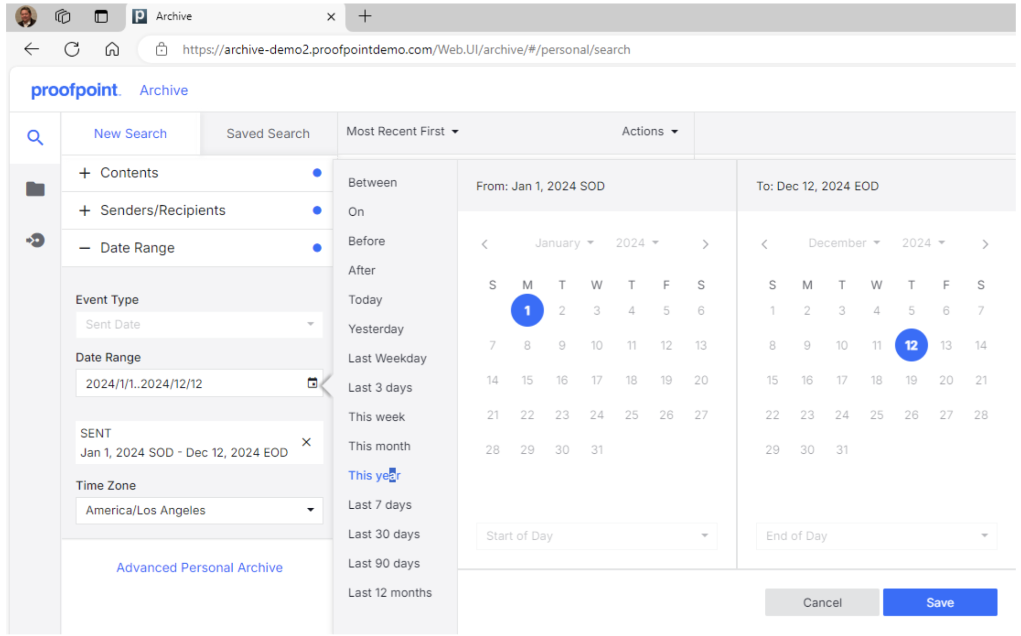 Specifying a date range criteria for your search.