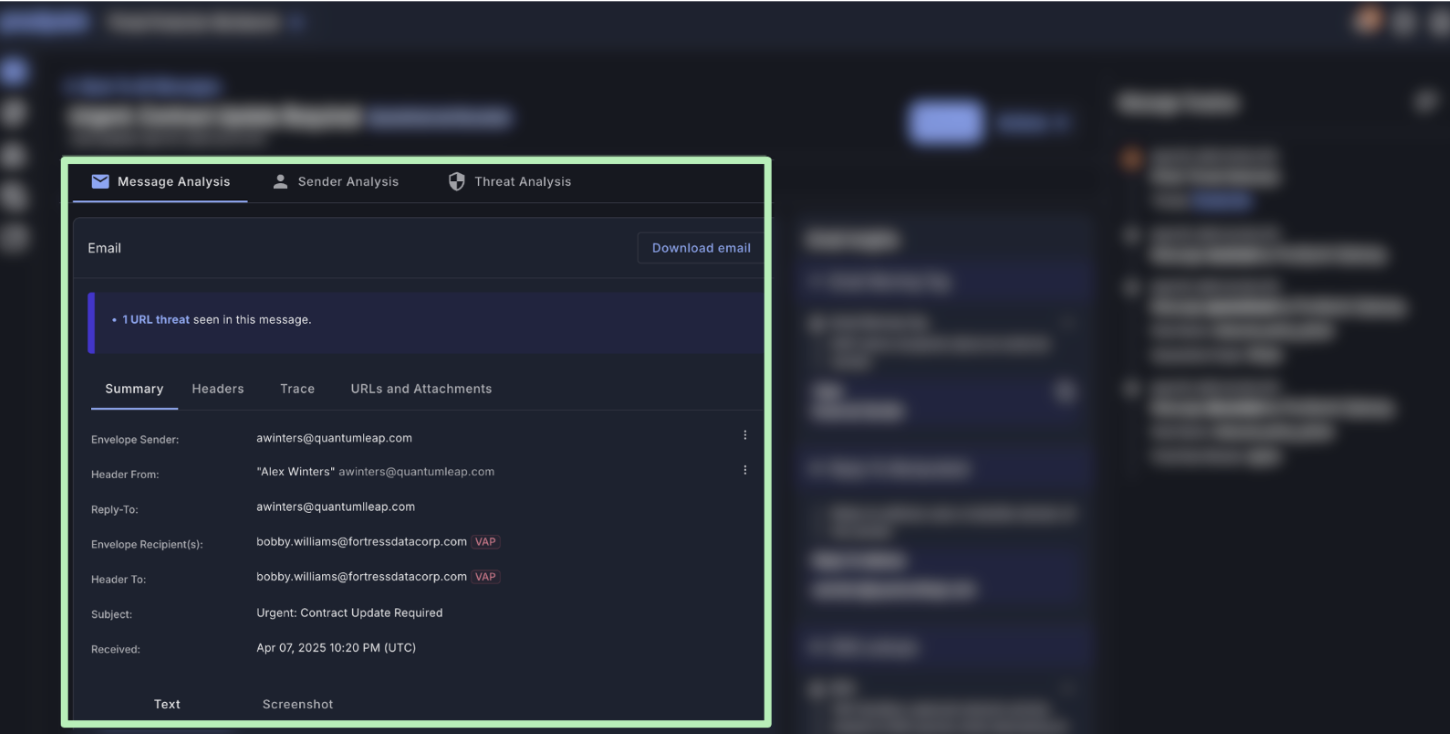 Konsolidierte Ansicht einer Nachricht in der Proofpoint Threat Protection Workbench.