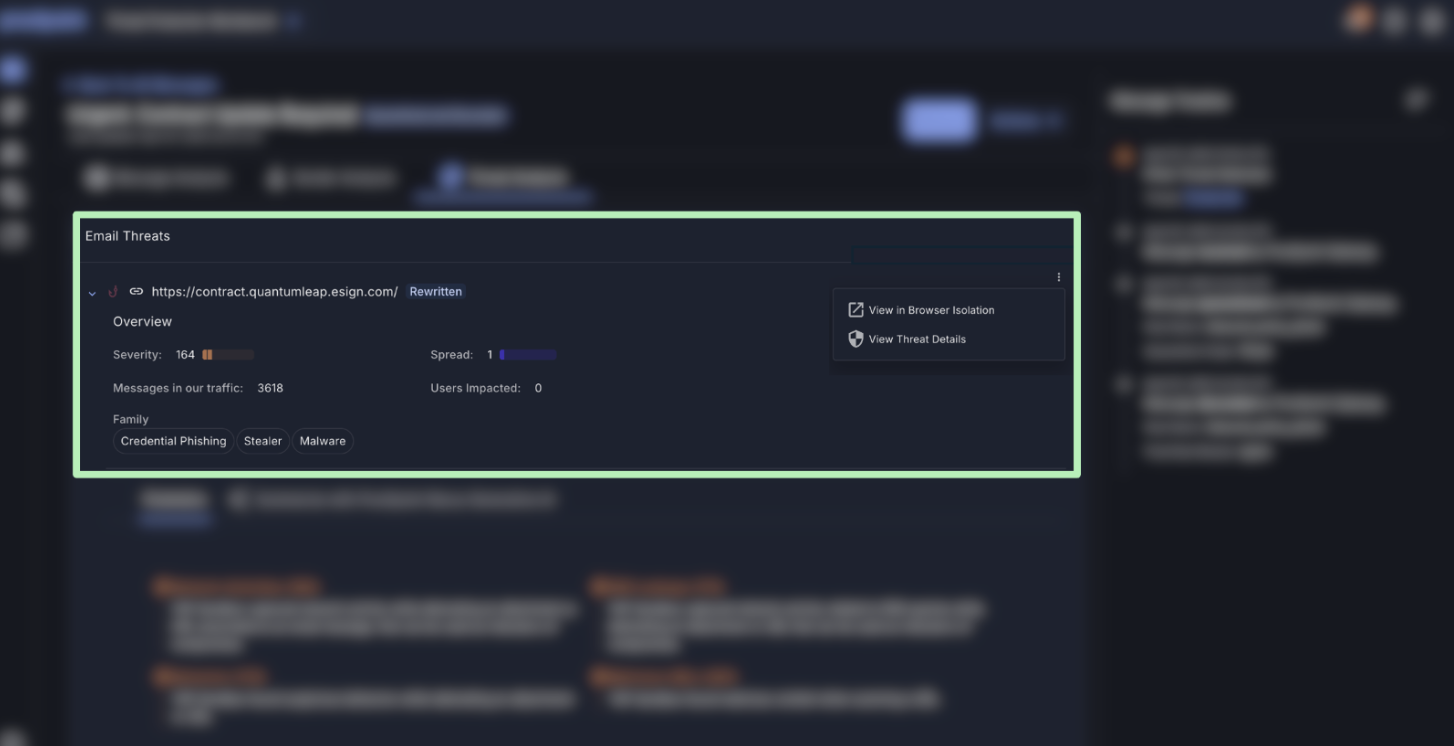 Detaillierte Ansicht der Ergebnisse einer Bedrohungsanalyse in der Proofpoint Threat Protection Workbench.