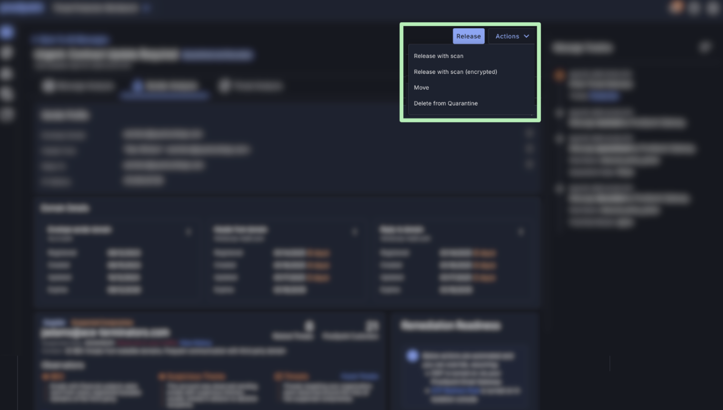 Ansicht der in der Proofpoint Threat Protection Workbench direkt verfügbaren Behebungsmaßnahmen.