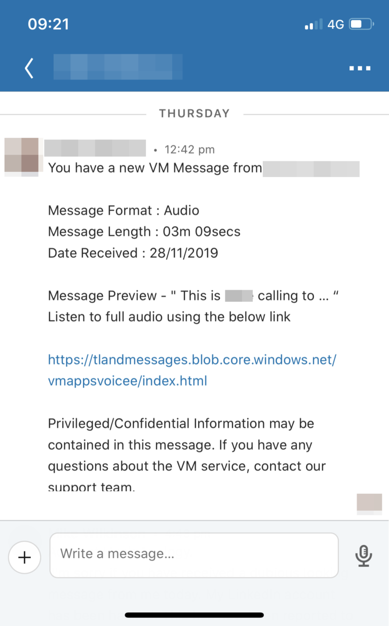 Example of LinkedIn phishing scam message