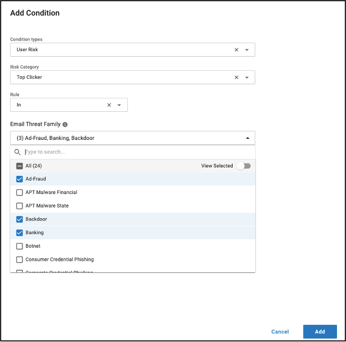 Configuration of the Adaptive Group with User Risk and Threat Family Conditions.