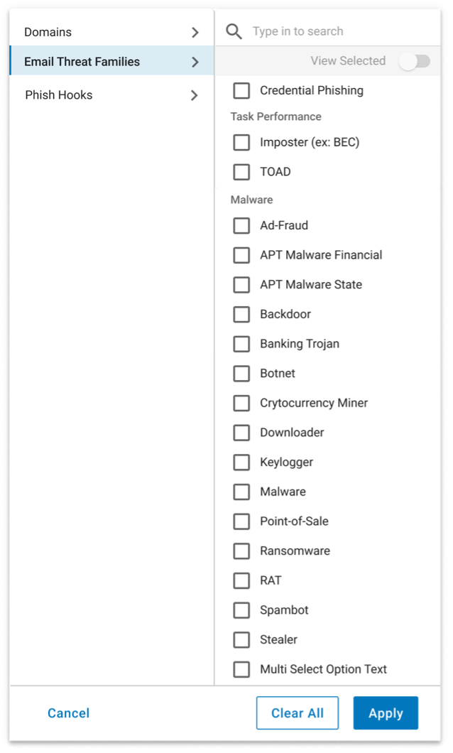 Example of the Content Library Search Filter for Threat Family 