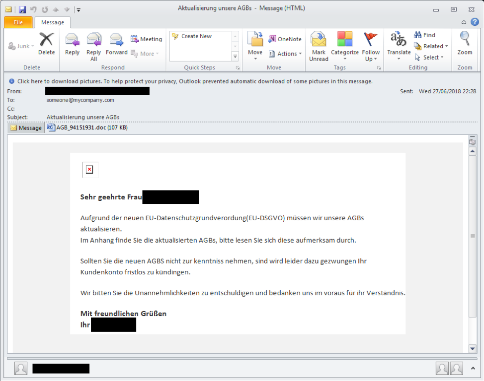 Example email used in German campaign