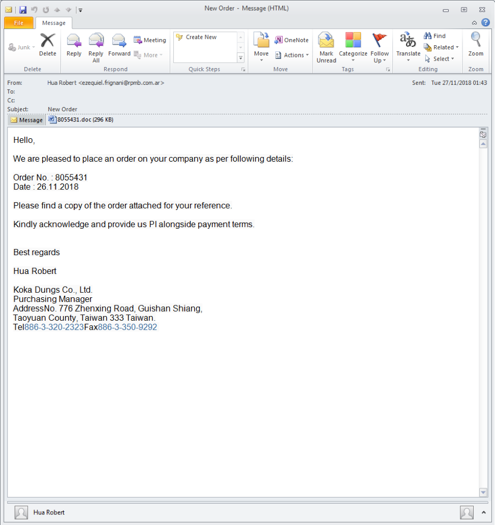 Email message containing macro-enabled document attachment