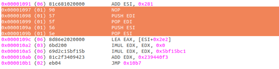 Code snippet with five additional junk NOP, PUSH, and POP assembly instructions