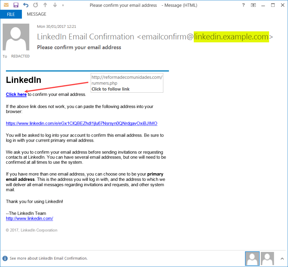Example phishing email using spoofed LinkedIn subdomain