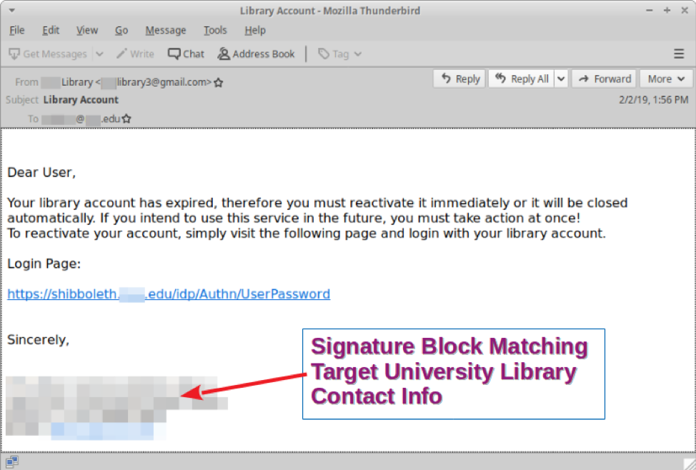Silent Librarian message with spoofed sender address and fake signature block
