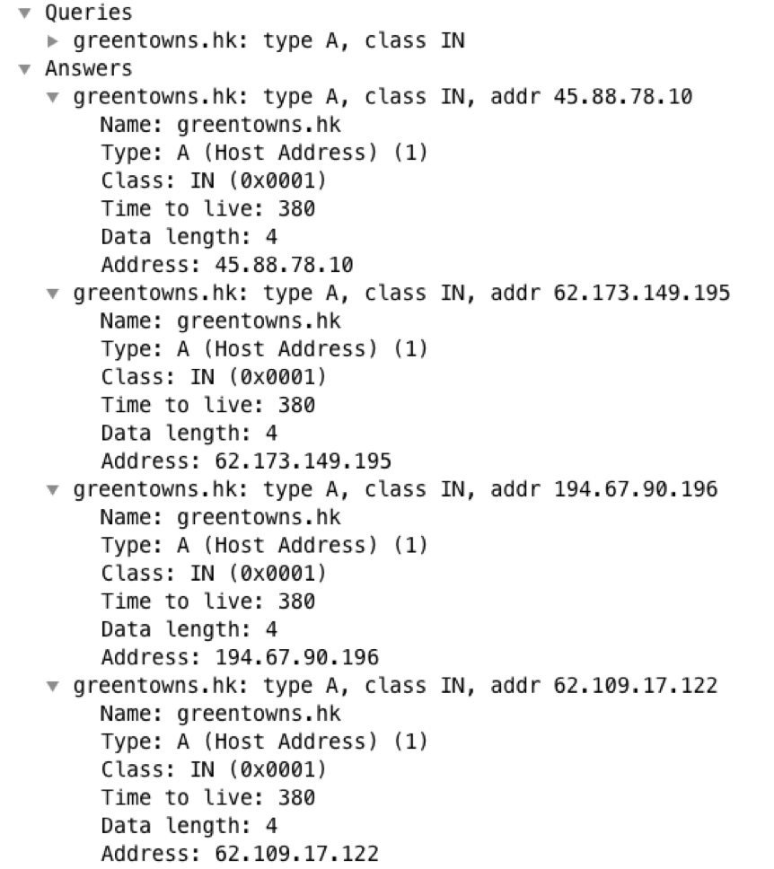 Wireshark showing response from DNS server observing multiple IP addresses associated with C&C domain