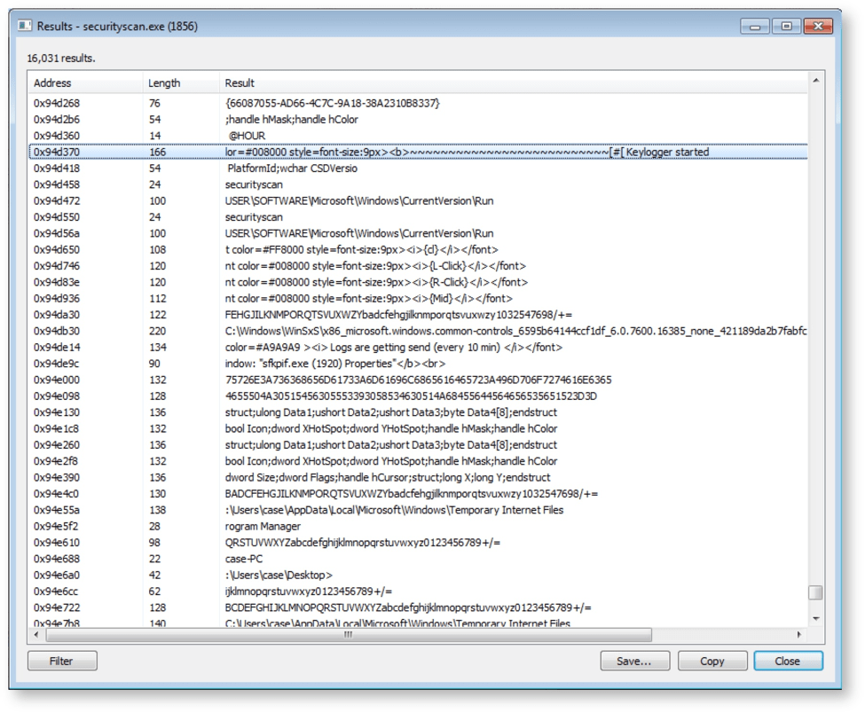 Memory dump confirms keylogger function