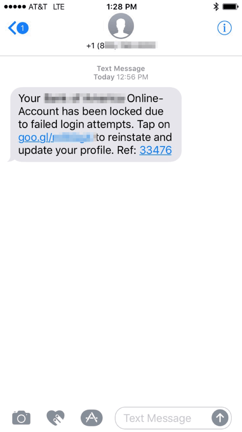 SMS phishing message originating from phone number