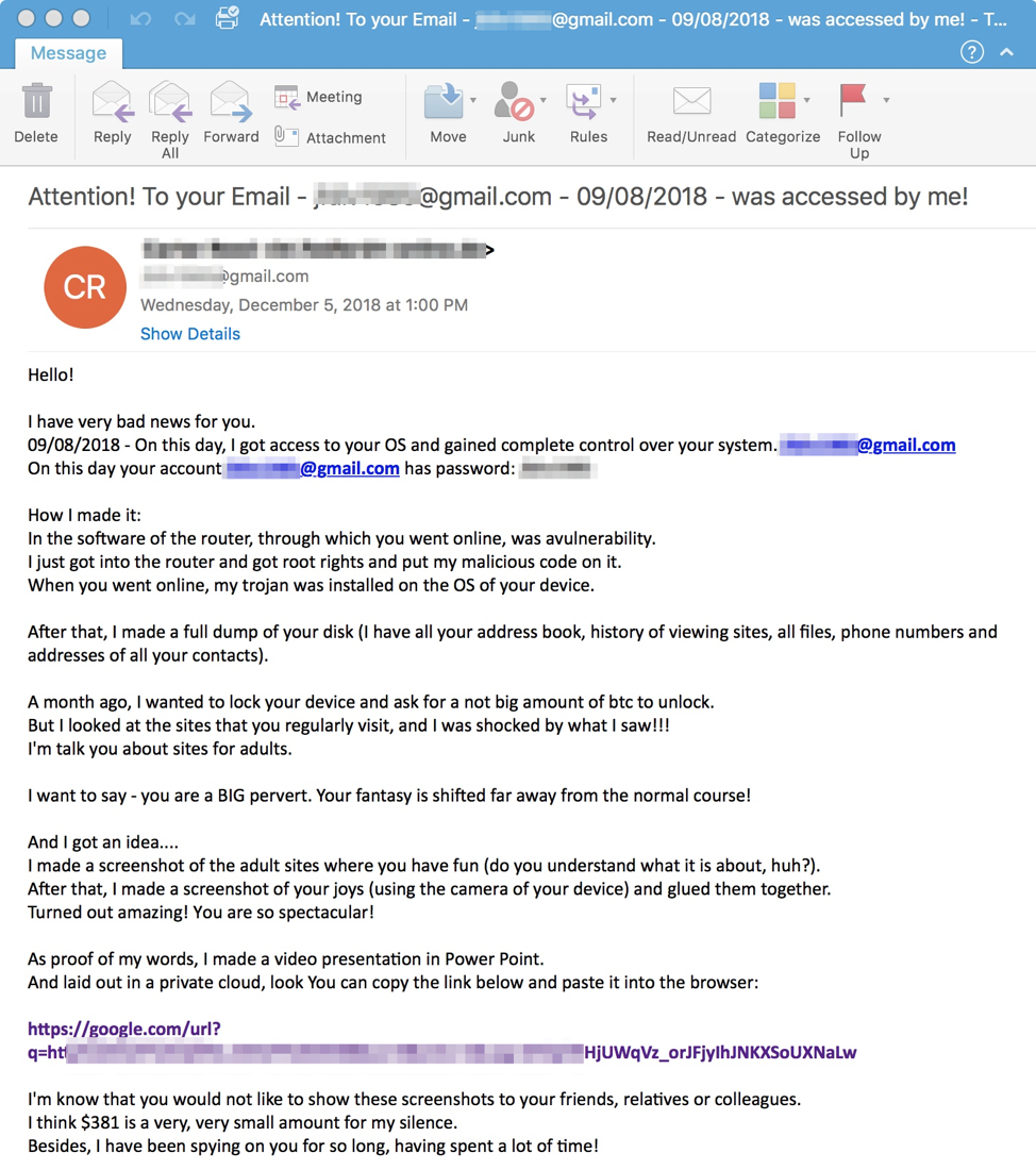 Sextortion email from December 5, 2018, with URL linking to AZORult stealer