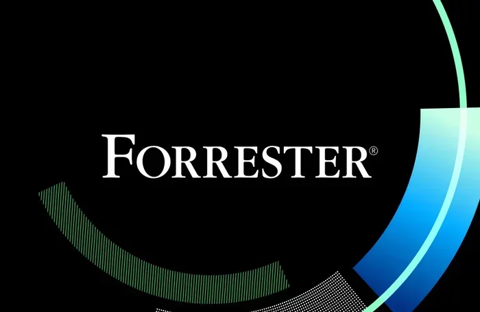 Forrester logo displayed on dark background with abstract graphic elements.