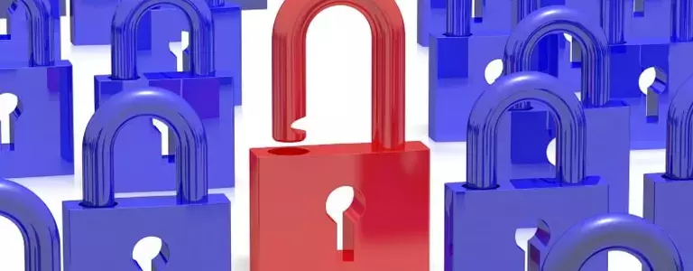 Several locked blue locks with one red unlocked lock