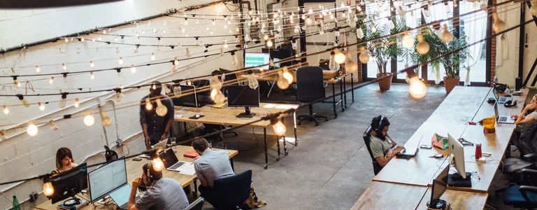 View from above of an open office plan
