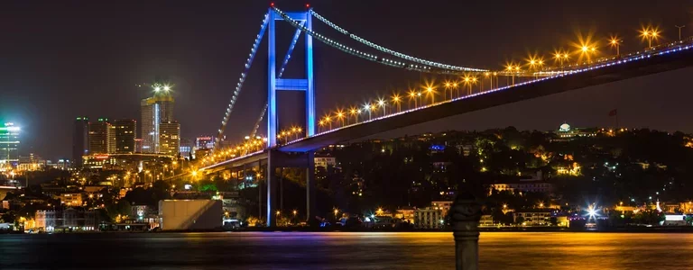Suspension bridge lit up at night