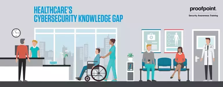 Graphic of a hospital saying 'healthcare's cybersecurity knowledge gap'