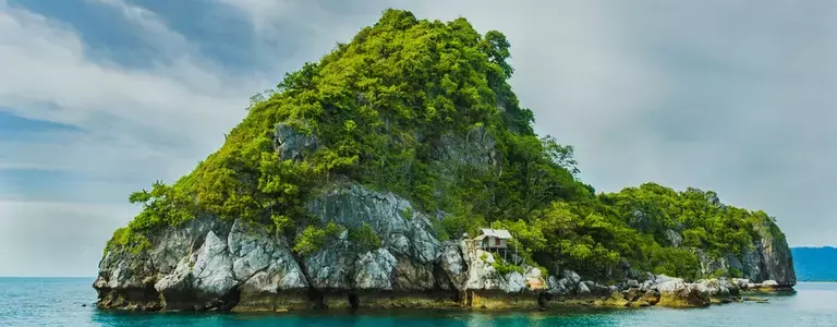 Small rocky tropical island with a shack and trees on it