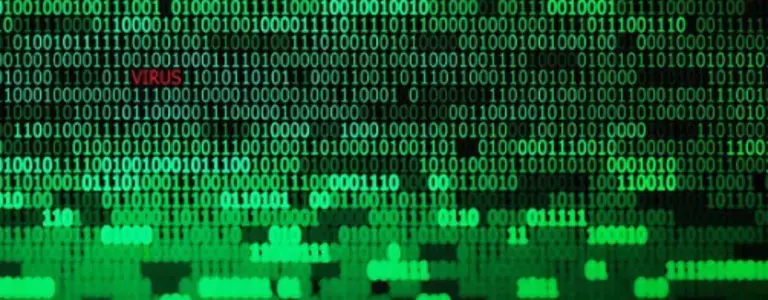 Binary code in green on black with ‘VIRUS’ in red in the mix