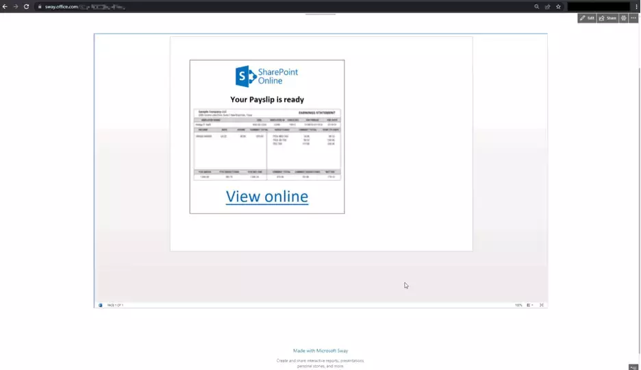 A simulated phishing attack using a malicious URL in an embedded Word document within a Microsoft Sway page