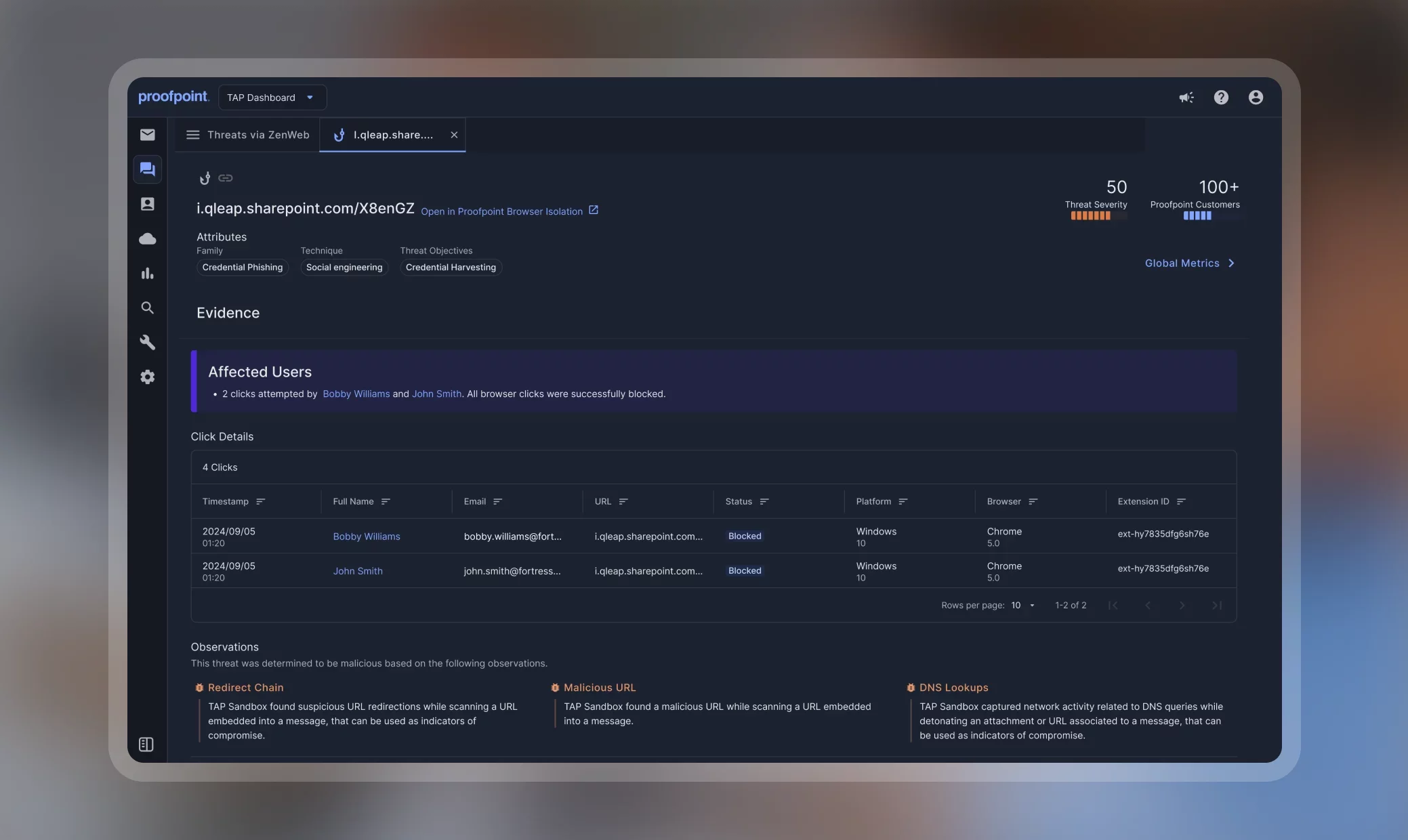 Mesasging and collaboration threat forensics screenshot