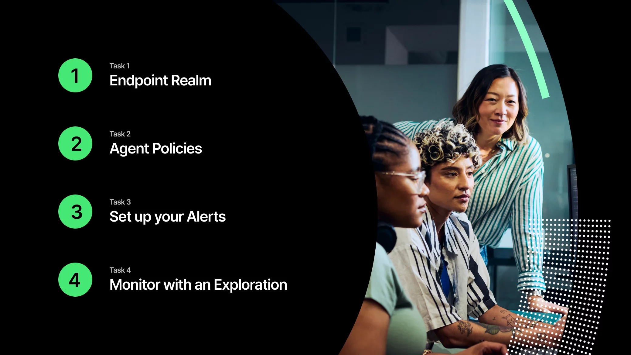 A group of three people at a workstation discussing tasks displayed on a screen, which include 'Endpoint Realm,' 'Agent Policies,' 'Set up your Alerts,' and 'Monitor with an Exploration.' 