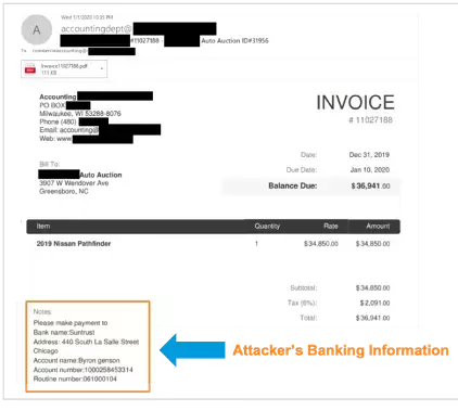 Per E-Mail versandte Rechnung mit Kontoinformationen, die nicht zum Absender passen