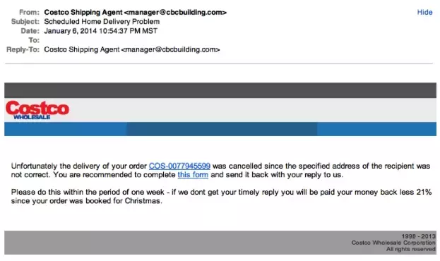 Beispiel einer Phishing-Mail, die vorgibt, der Empfänger würde 21 % weniger Geld bekommen, wenn er nicht innerhalb einer Woche antwortet.